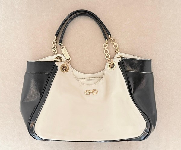 Salvatore Ferragamo Betulla Chain Tote Bag Black & Ivory Leather Gold Hardware