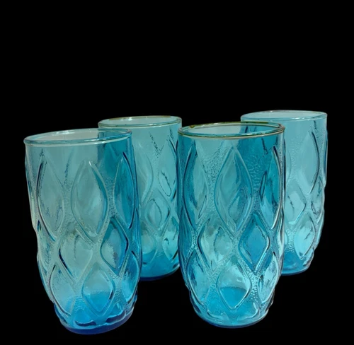Quilted Diamond Tumblers Anchor Hocking Madrid 12oz Glass 4 Vintage Aqua Blue 5”
