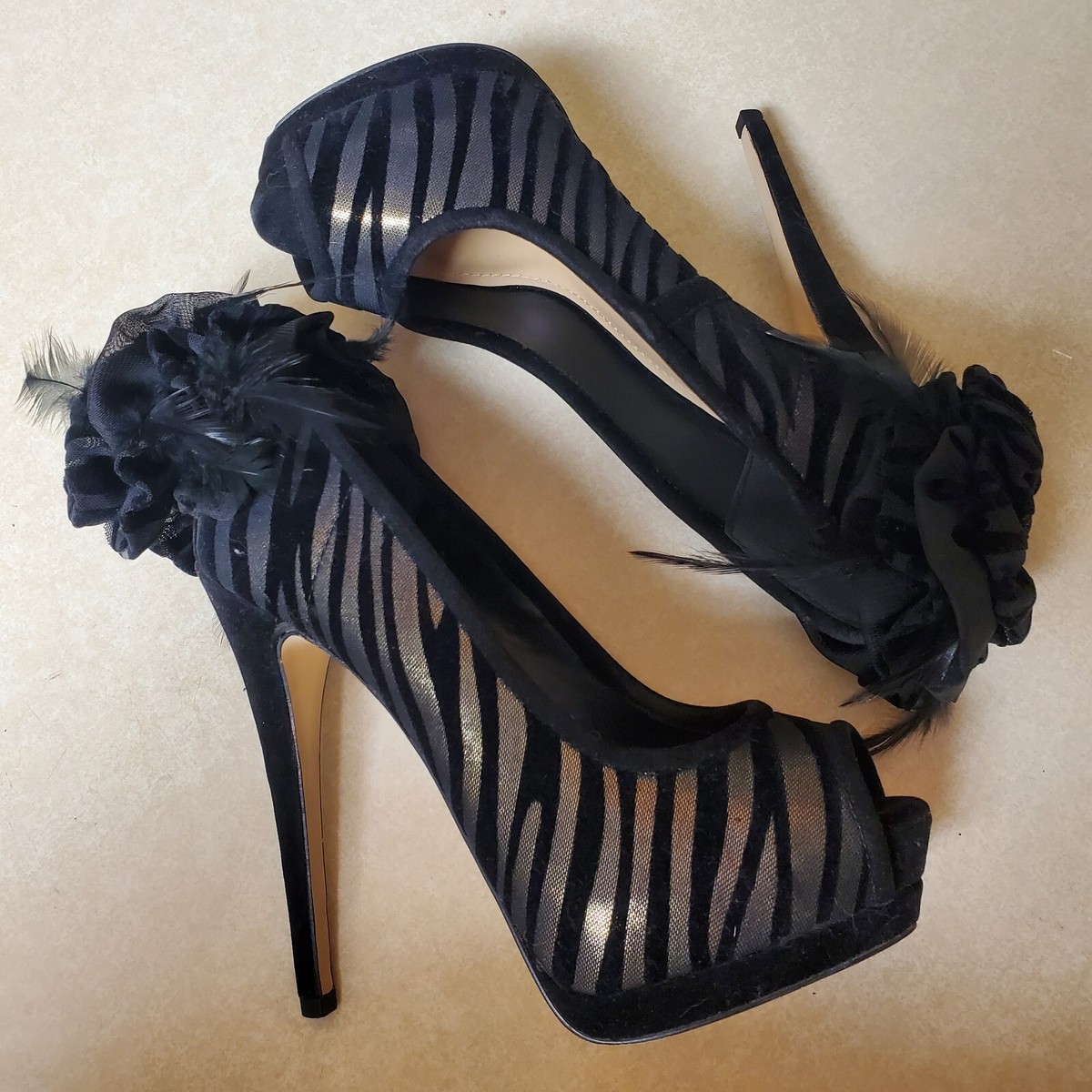 80s Inspired Stiletto Party Shoes Black Zebra Feathers Platform