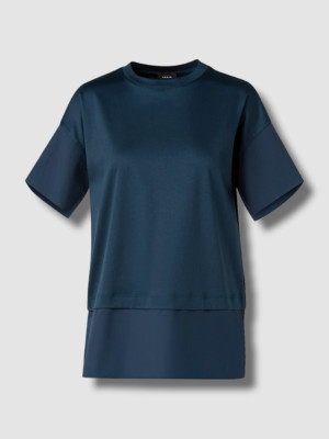 $595 Akris Women's Blue Short-Sleeve Jersey Poplin Combo T-Shirt Top Size 8
