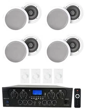 Rockville 4-Room Home Audio Kit Stereo+White 6.5" Ceiling Speakers+Wall Controls