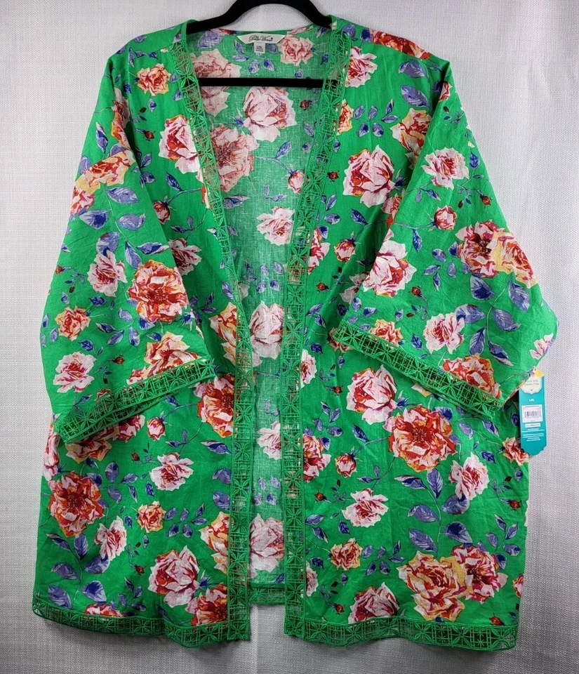 The Pioneer Woman verde floral espanador acabamento em crochê quimono cobertura G/XL country - Imagem 2 de 4