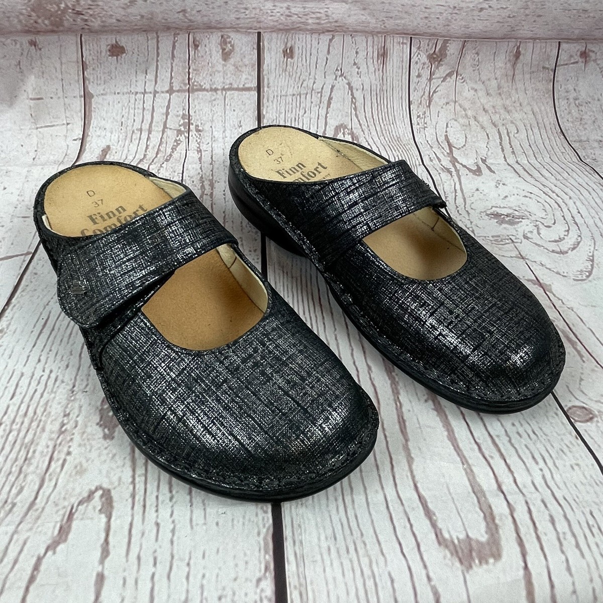 Finn Comfort Stanford Metallic Black Leather Mules Size 37 6-6.5