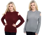New Ladies Women Knitted Cold Shoulder Crew Neck Jumper Top Sweater Long Sleeve