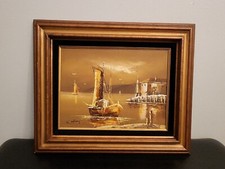 K POLARY DIPINTO ORIGINALE FIRMATO OLIO SU TELA BARCA DA PESCA NAVE 16X12 INCORNICIATO