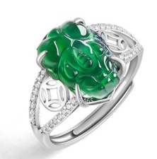Certified Natural Burma icy Green Jadeite 925s Ring pixiu inlay       