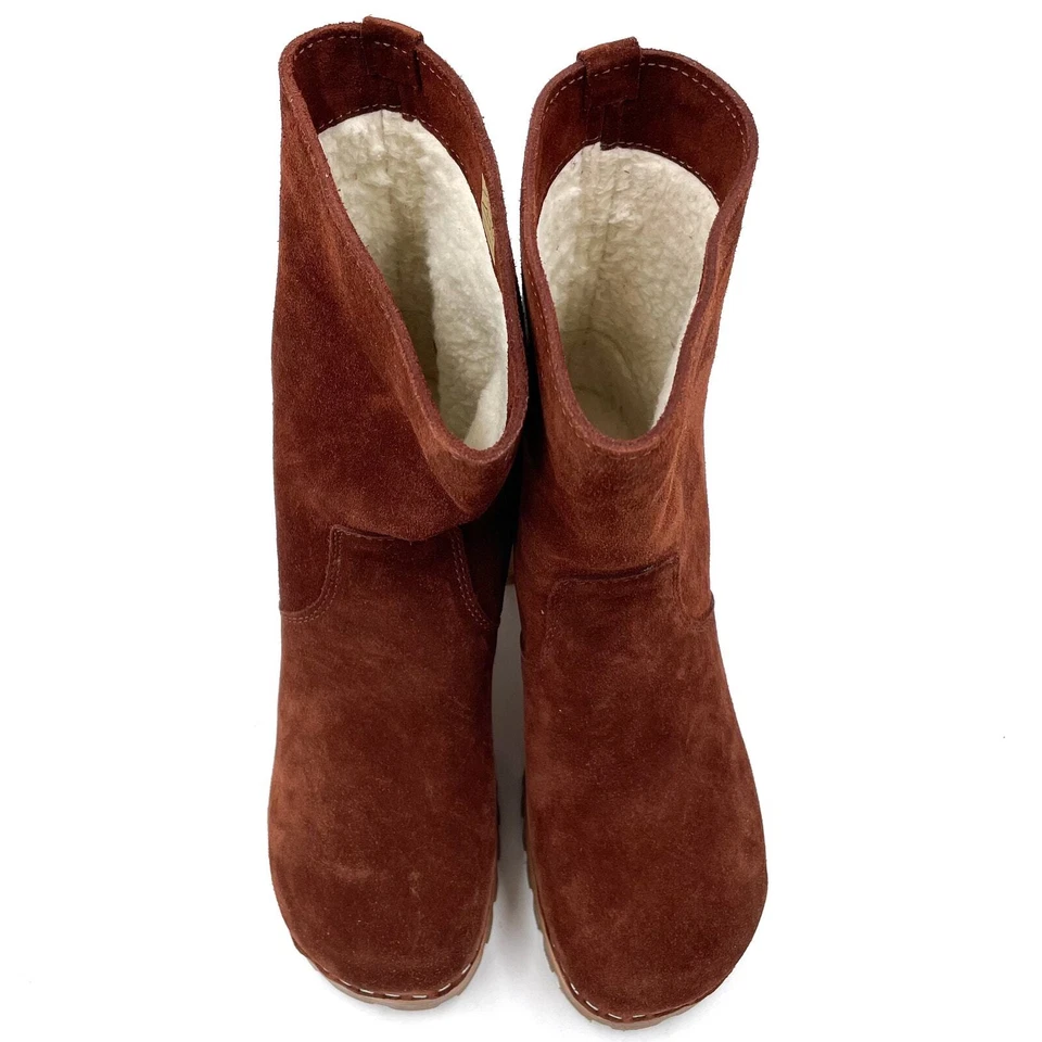 Swedish Hasbeens Suede Teddy Boots Platform Cognac Block Heel Pull On Sz 37 / 7 - Image 3 of 4