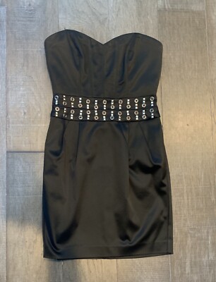 bebe strapless satin dress Bebe Women's Strapless Lace Drape Detail Mini Dress