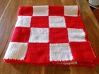 Vintage Plaid petite couverture crochet laine rouge et blanche ( ref 32 )