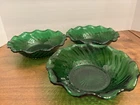 Vintage Anchor Hocking forest green bowls (3) diamond swirl pattern ruffled edge