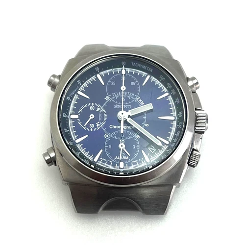 Vintage Seiko Chronograph 7T32 Qz SS Blue Dial Alarm Watch Japan For Parts#221B