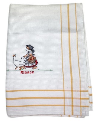 Alsace France Kitchen Towel Embroidered Girl Goose Basket Eggs Waffle Weave