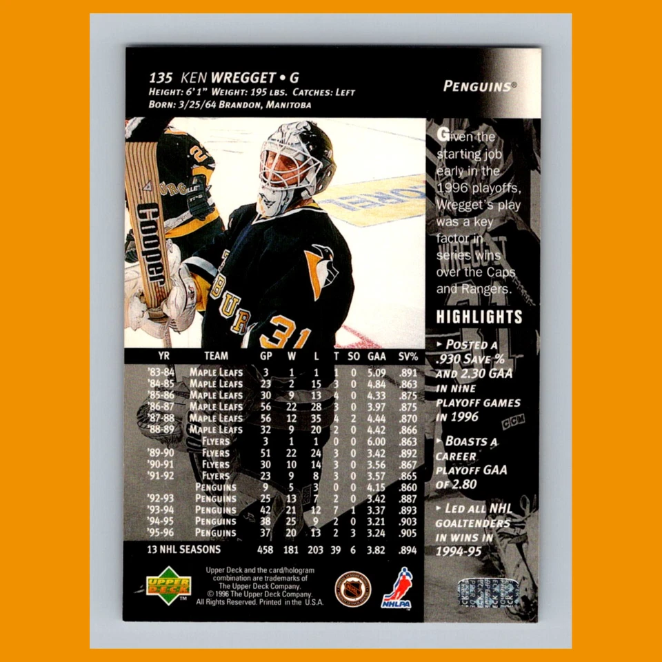 Ken Wregget #135 1996 Upper Deck Pittsburgh Penguins Hockey Card NHL NM - Image 2 of 3