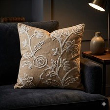 Pottery Barn Crewel Embroidered Floral Pillow Cover Beige 18x18 Tan Boho Flower
