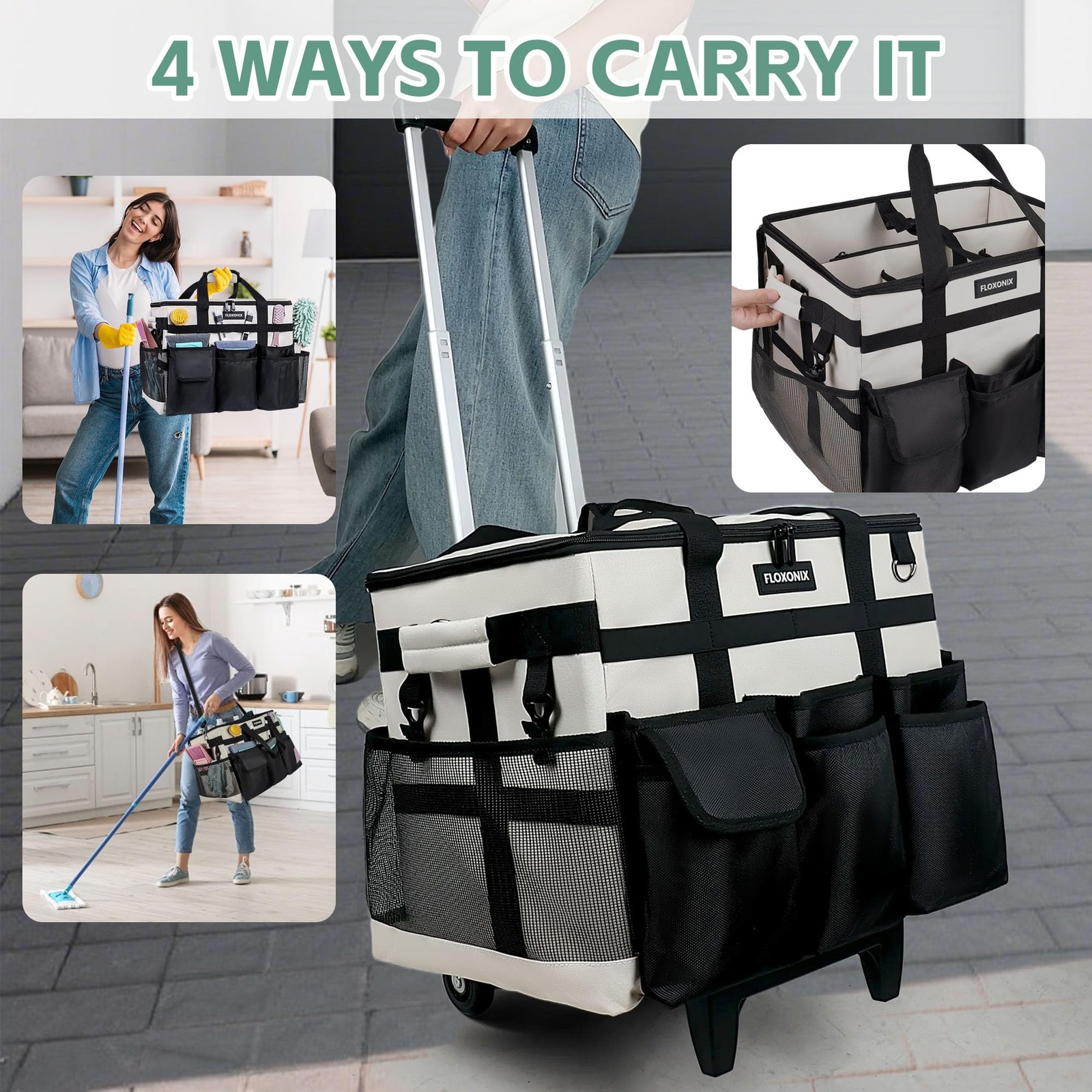 Large Rolling Cleaning Caddy Bag with Wheels, with Detachable Trolley, Cleani...