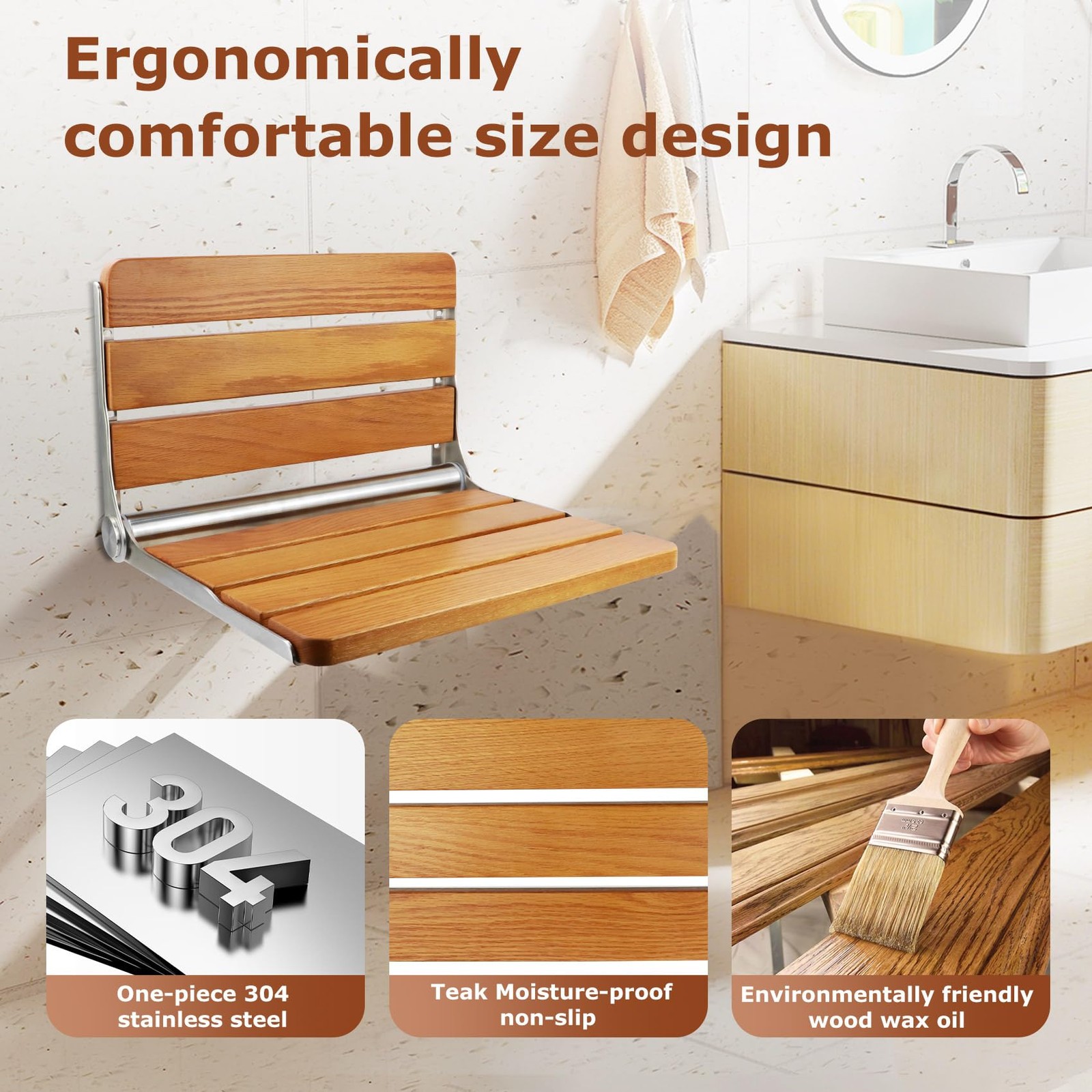 Folding Teak Shower Seat Wall Mounted,Fold Down Shower Seat,Foldable Shower