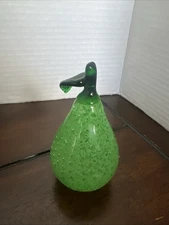 Lenox Art Glass Fruit/Pear Paperweight Clear& Green with Green Leaf-VTG