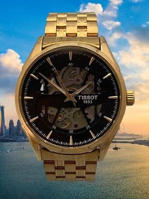 Refurbished Luxury Gold-Plated Tissot Skeleton Black Dial Automatic Men's Watch