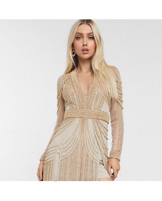 ASOS DESIGN Beige/Gold Beaded Mesh V-Neck Long Sleeve Maxi Dress with slits US 8