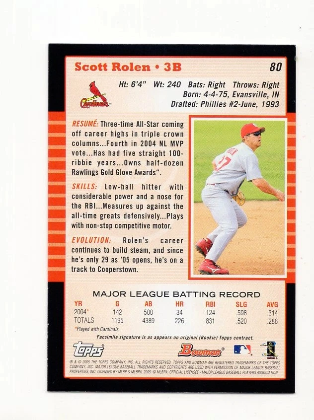 2005 Bowman Scott Rolen (HOF) #80 St Louis Cardinals Free Shipping - Image 2 of 2