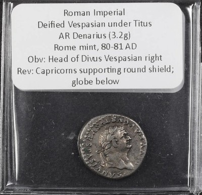 Divus Vespasian under Titus AR Denarius Rome 80-81 AD Capricorns rev.