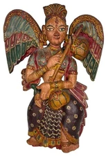 Antique Indian Southeast Asian Gandharva Angel Polychromed Wood Statue Figure