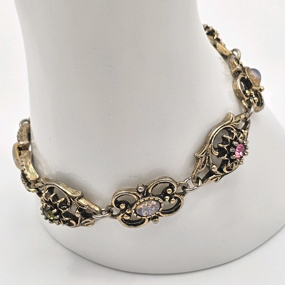 Pulsera Sarah Coventry Vintage 7" Tono Dorado Floral Eslabón Multi Piedra Foto 4 de 4