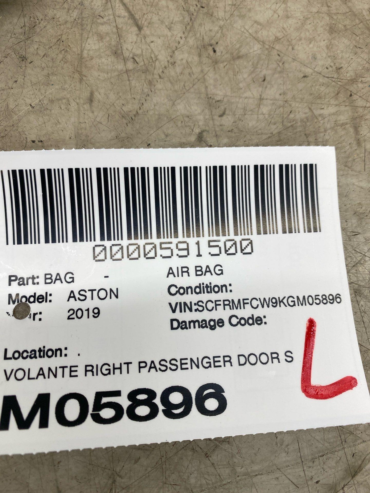 2017-2023 ASTON MARTIN DB11 VOLANTE RIGHT PASS DOOR SRS AIR BAG KY53-B14K159-AA