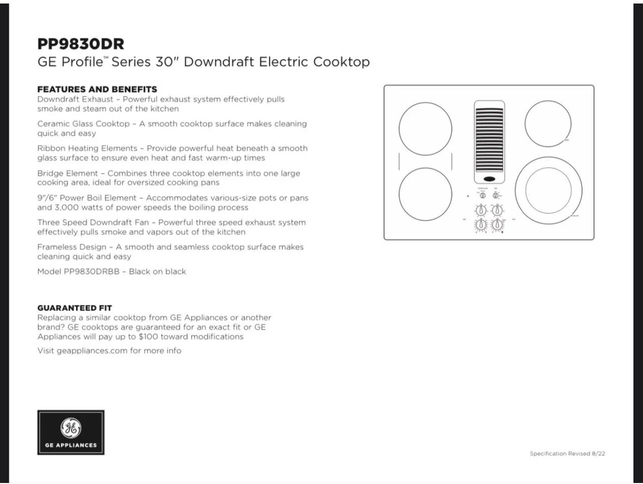 GE Profile 30" 3000W Electric Cooktop w/Downdraft Exhaust PP9830DRBB