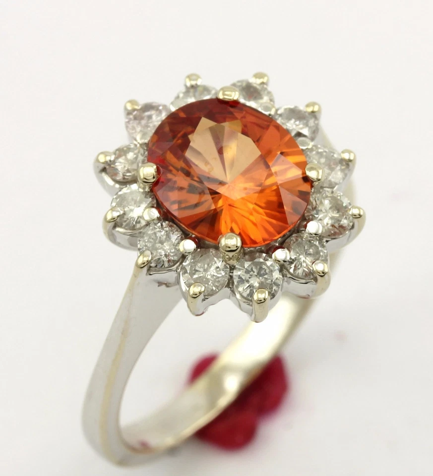 14k white gold 2.85ct oval orange sapphire round diamond halo ring size 6.25 NEW - Image 2 of 4