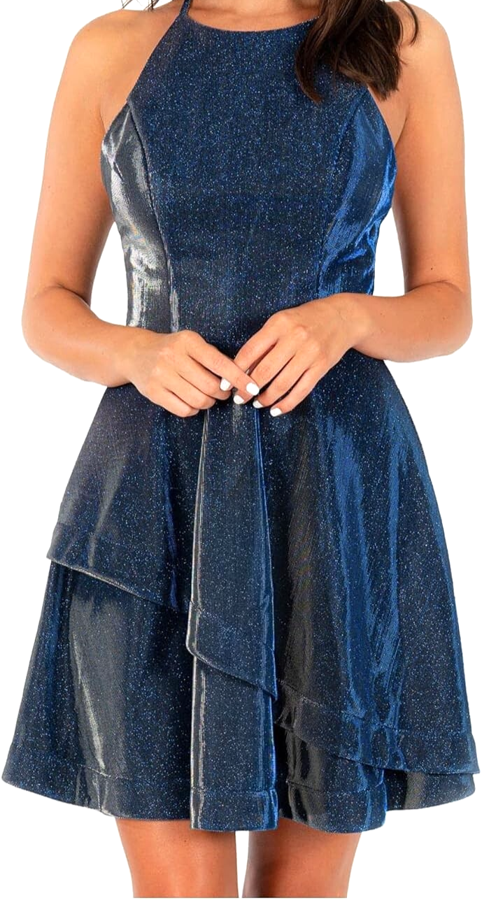 SPEECHLESS Navy METALLIC Halter Neckline FIT & FLARE Party/Homecoming DRESS Sz 1