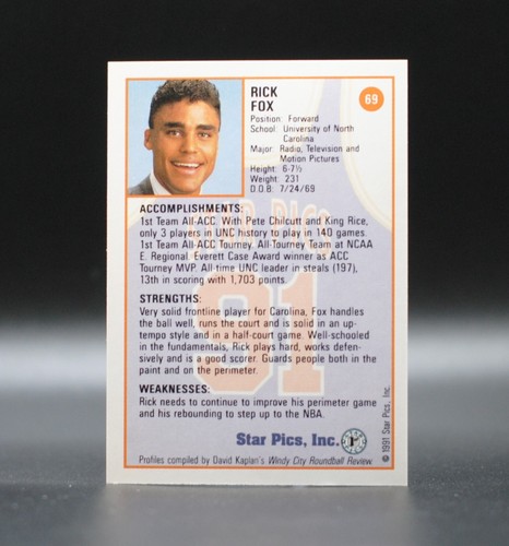 1991 Star Pics RICK FOX Rookie Card #69 North Carolina Tarheals Celtics Lakers - 第 2/2 張圖片