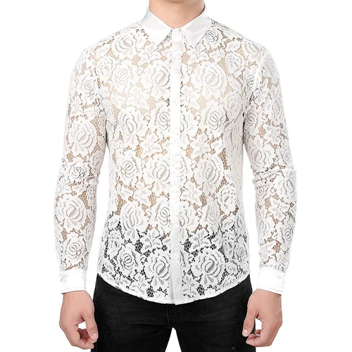 T-shirt maglietta uomo maglia pizzo trasparente floreale trasparente con bottoni nuova moda - Foto 1 di 14