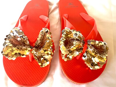 Sequined gold bling flip flops Size 10 Orange with gold bow NEW