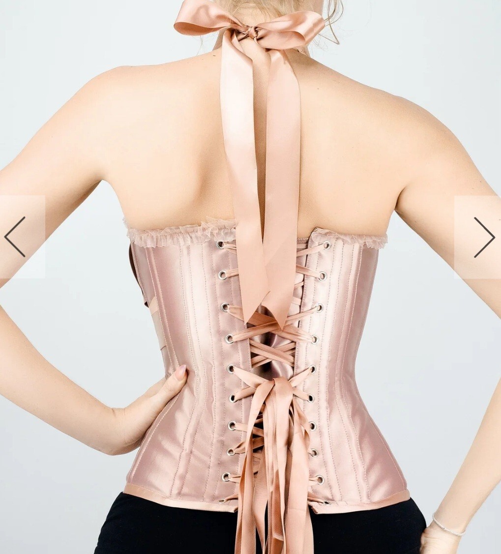 Corset Story Rose Gold Satin Halterneck Overbust Corset Size 10 UK