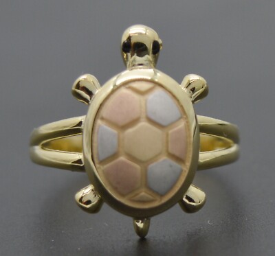 10k Tri-tone Gold Good Luck Charm Ring - Owl, Elephant, Horseshoe, Clover & Flower Design, Size 8