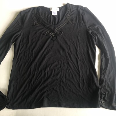 Rena Rowan Black Long Sleeve V-Neck Top Appliqué Sz L A2650