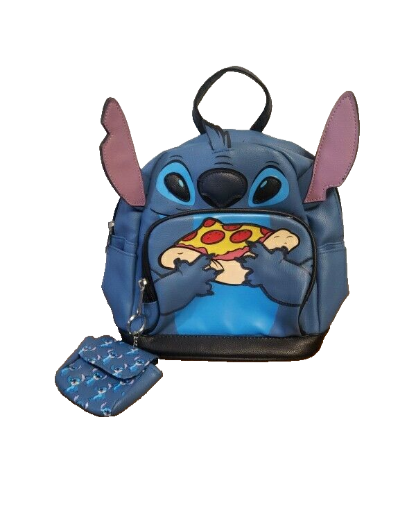 Disney Stitch Mini Blue Backpack Holding pizza with detachable coin purse
