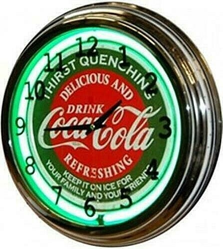 Retro Nostalgic 17" Coke Soda Pop Sign Coca Cola Green Neon Wall Clock NEW - Afbeelding 1 van 1