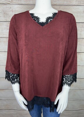 New! B.L.E.U. Woman 1X Plus Acetate Spandex Blouse w/ Scalloped Lace Trim Brick