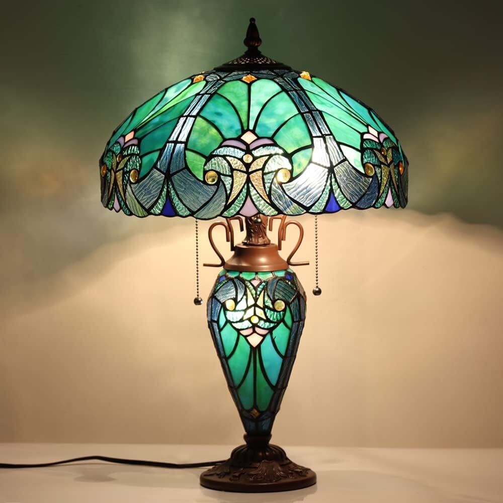 Table Lamp with Night Light 16inch Large Stained Glass Victorian Style Sea Green-image
