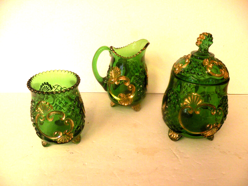 Antique EAPG 4 Pc Croesus Gold Footed Emerald Green Creamer Sugar & Candy Bowl