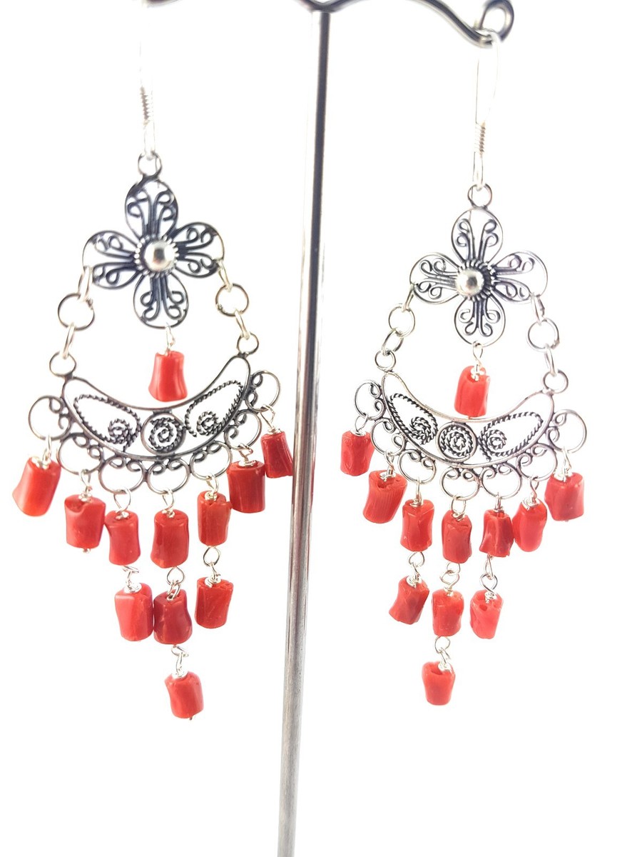 Orecchini Pendenti Artigianali In Argento 925 Con Corallo Rosso E Onice - Gioielli Donna Made In Italy Da Torre Del Greco, Unici