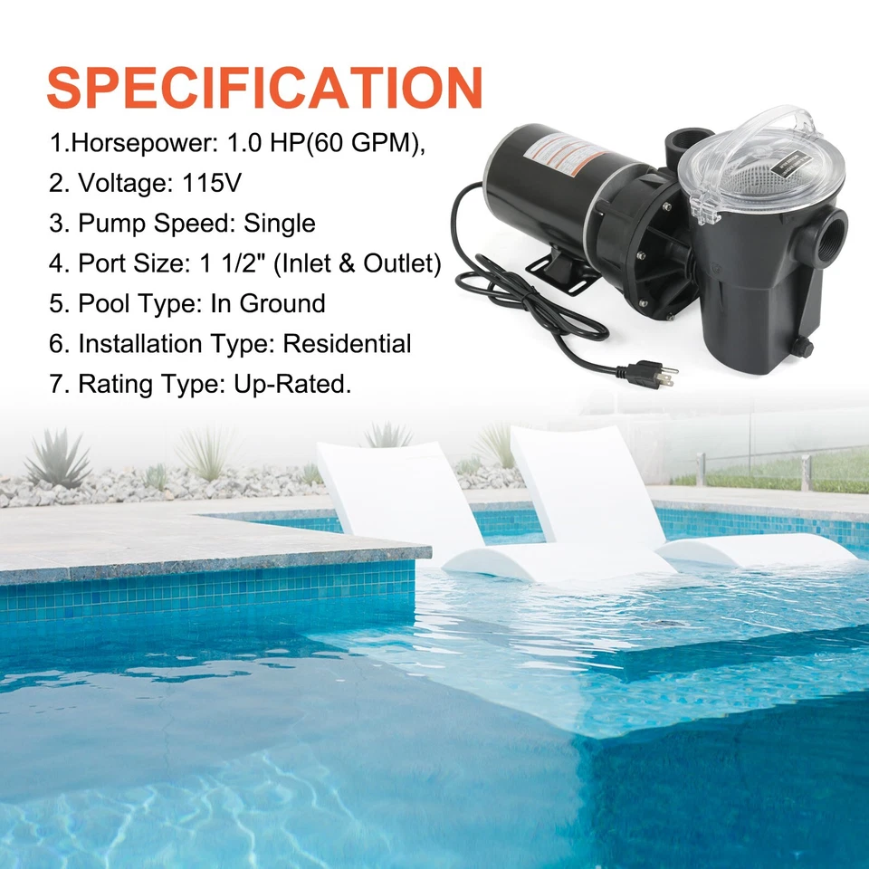 1HP Above Ground Swimming Pool Pump W3SP1580X15 Fit For Hayward with 3' Cord - Image 3 of 4