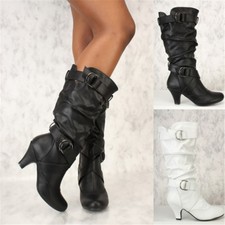 Retro Womens Mid Calf Slouch Boots Kitten Heel Buckle Leather Shoes Plus Size