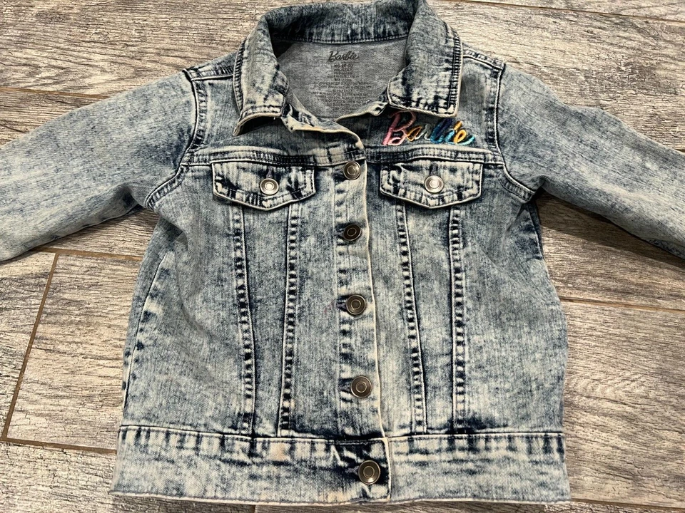 Barbie Denim Jean Jacket Girls XS Extra Small 4 5 Embroidered Barbiecore Coat - Image 3 of 4