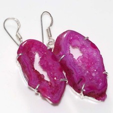 925 Silver Plated Pink Botswana Druzy Slice Earrings 1.9