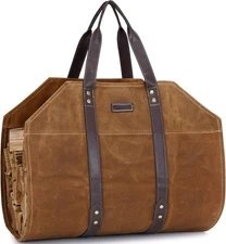 Canvas Firewood Log Carrier Bag, Waxed Durable Wood Tote of Fireplace Rust 