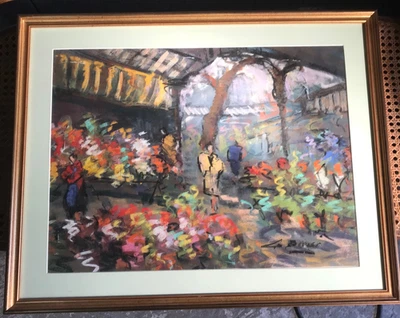 BERGER Georges (1908-1976)La Halle aux fleurs Pastel gras 57X43 cm - Photo 1/4