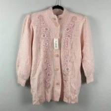 Lee Sands Sweater One Size Missy Pink Angora Rabbit Hair Cardigan Puff Sleeve